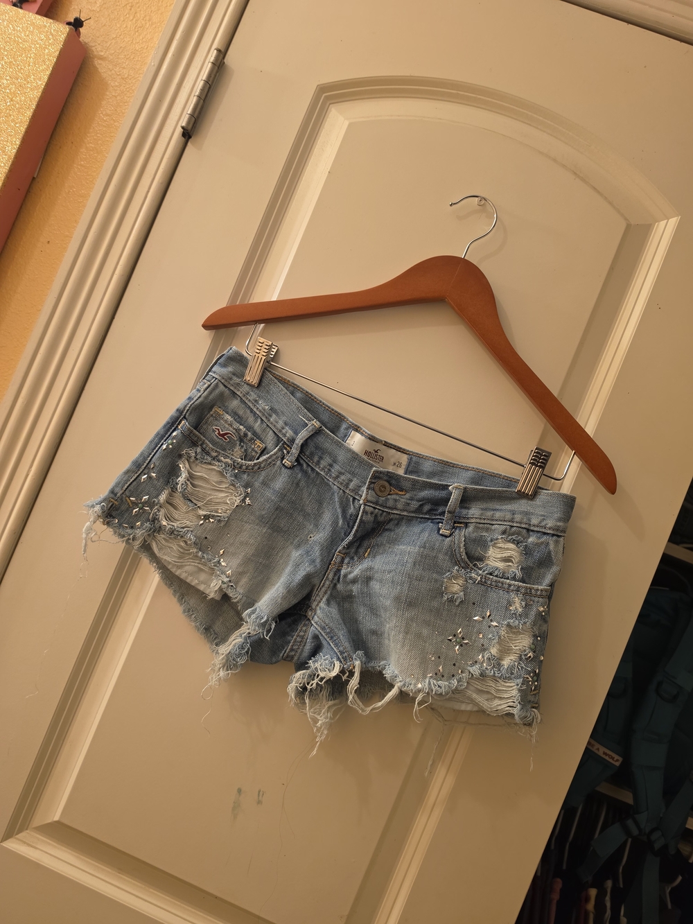 Hollister Light Wash Distressed Denim Shorts with Stud Accents - Light Blue - Picture 2 of 6